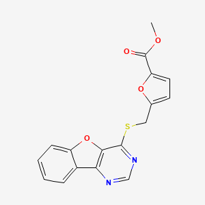 molecular formula C17H12N2O4S B2678555 Methyl 5-((benzofuro[3,2-d]pyrimidin-4-ylthio)methyl)furan-2-carboxylate CAS No. 851130-52-4