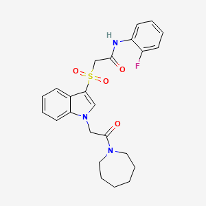 molecular formula C24H26FN3O4S B2678574 2-((1-(2-(环庚-1-基)-2-氧代乙基)-1H-吲哚-3-基)磺酰)-N-(2-氟苯基)乙酰胺 CAS No. 878059-05-3