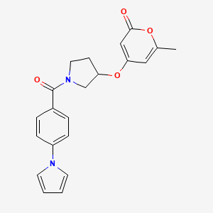 molecular formula C21H20N2O4 B2678604 4-((1-(4-(1H-pyrrol-1-yl)benzoyl)pyrrolidin-3-yl)oxy)-6-methyl-2H-pyran-2-one CAS No. 1706087-00-4