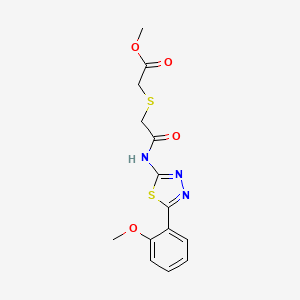 molecular formula C14H15N3O4S2 B2678634 甲酸2-((2-((5-(2-甲氧基苯基)-1,3,4-噻二唑-2-基)氨基)-2-氧代乙基)硫)乙酸酯 CAS No. 394231-73-3