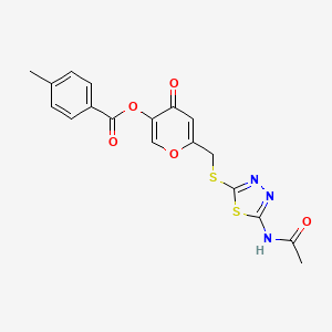 molecular formula C18H15N3O5S2 B2678636 6-(((5-acetamido-1,3,4-thiadiazol-2-yl)thio)methyl)-4-oxo-4H-pyran-3-yl 4-methylbenzoate CAS No. 896014-14-5