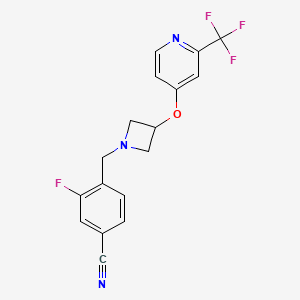molecular formula C17H13F4N3O B2678645 3-Fluoro-4-[(3-{[2-(trifluoromethyl)pyridin-4-yl]oxy}azetidin-1-yl)methyl]benzonitrile CAS No. 2415620-57-2