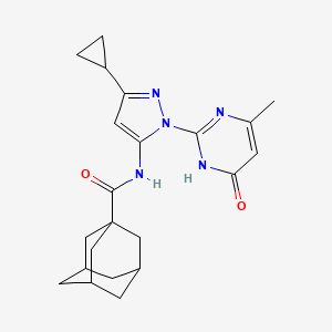 molecular formula C22H27N5O2 B2678729 (3r,5r,7r)-N-(3-cyclopropyl-1-(4-methyl-6-oxo-1,6-dihydropyrimidin-2-yl)-1H-pyrazol-5-yl)adamantane-1-carboxamide CAS No. 1203125-36-3
