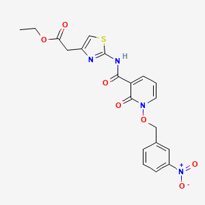 molecular formula C20H18N4O7S B2678745 Ethyl 2-(2-(1-((3-nitrobenzyl)oxy)-2-oxo-1,2-dihydropyridine-3-carboxamido)thiazol-4-yl)acetate CAS No. 852366-33-7