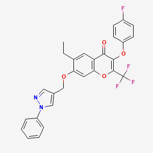molecular formula C28H20F4N2O4 B2678789 6-ethyl-3-(4-fluorophenoxy)-7-((1-phenyl-1H-pyrazol-4-yl)methoxy)-2-(trifluoromethyl)-4H-chromen-4-one CAS No. 882219-08-1