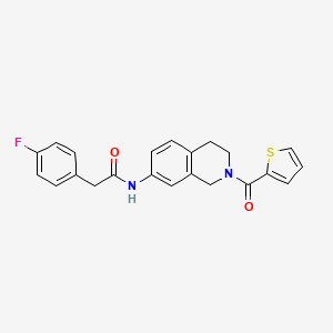 molecular formula C22H19FN2O2S B2678792 2-(4-fluorophenyl)-N-(2-(thiophene-2-carbonyl)-1,2,3,4-tetrahydroisoquinolin-7-yl)acetamide CAS No. 955640-97-8