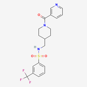 molecular formula C19H20F3N3O3S B2678802 N-((1-nicotinoylpiperidin-4-yl)methyl)-3-(trifluoromethyl)benzenesulfonamide CAS No. 1396713-86-2