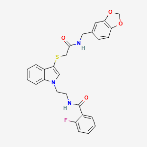 N-(2-(3-((2-((benzo[d][1,3]dioxol-5-ylmethyl)amino)-2-oxoethyl)thio)-1H-indol-1-yl)ethyl)-2-fluorobenzamide