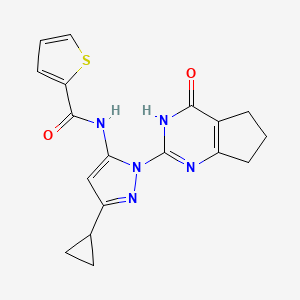 molecular formula C18H17N5O2S B2678836 N-(3-cyclopropyl-1-(4-oxo-4,5,6,7-tetrahydro-3H-cyclopenta[d]pyrimidin-2-yl)-1H-pyrazol-5-yl)thiophene-2-carboxamide CAS No. 1207019-55-3