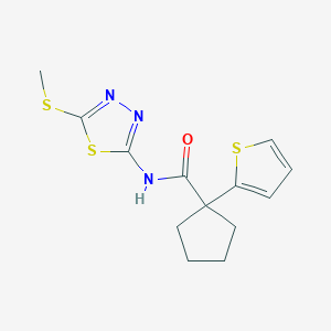 molecular formula C13H15N3OS3 B2678861 N-(5-(methylthio)-1,3,4-thiadiazol-2-yl)-1-(thiophen-2-yl)cyclopentanecarboxamide CAS No. 1219912-21-6