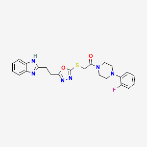 molecular formula C23H23FN6O2S B2678868 2-((5-(2-(1H-benzo[d]imidazol-2-yl)ethyl)-1,3,4-oxadiazol-2-yl)thio)-1-(4-(2-fluorophenyl)piperazin-1-yl)ethanone CAS No. 1327557-57-2