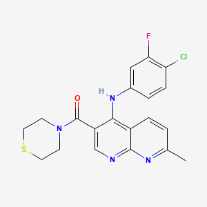 molecular formula C20H18ClFN4OS B2678913 (4-((4-氯-3-氟苯基)氨基)-7-甲基-1,8-萘咪唑-3-基)(硫吗啉基)甲酮 CAS No. 1251633-50-7