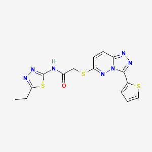 molecular formula C15H13N7OS3 B2678936 N-(5-ethyl-1,3,4-thiadiazol-2-yl)-2-((3-(thiophen-2-yl)-[1,2,4]triazolo[4,3-b]pyridazin-6-yl)thio)acetamide CAS No. 868966-83-0