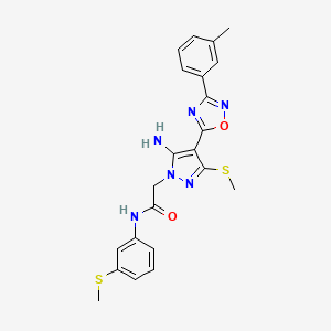 molecular formula C22H22N6O2S2 B2678952 2-[5-amino-4-[3-(3-methylphenyl)-1,2,4-oxadiazol-5-yl]-3-(methylthio)-1H-pyrazol-1-yl]-N-[3-(methylthio)phenyl]acetamide CAS No. 1242910-52-6