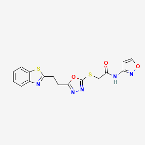 molecular formula C16H13N5O3S2 B2678954 2-((5-(2-(benzo[d]thiazol-2-yl)ethyl)-1,3,4-oxadiazol-2-yl)thio)-N-(isoxazol-3-yl)acetamide CAS No. 1251565-25-9