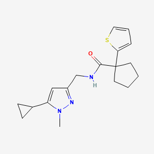 molecular formula C18H23N3OS B2678973 N-((5-cyclopropyl-1-methyl-1H-pyrazol-3-yl)methyl)-1-(thiophen-2-yl)cyclopentanecarboxamide CAS No. 1448072-26-1