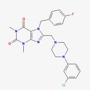 molecular formula C25H26ClFN6O2 B2679062 8-{[4-(3-chlorophenyl)piperazin-1-yl]methyl}-7-(4-fluorobenzyl)-1,3-dimethyl-3,7-dihydro-1H-purine-2,6-dione CAS No. 577985-99-0