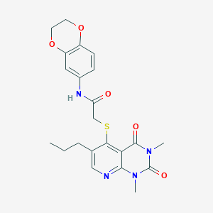 molecular formula C22H24N4O5S B2679076 N-(2,3-dihydrobenzo[b][1,4]dioxin-6-yl)-2-((1,3-dimethyl-2,4-dioxo-6-propyl-1,2,3,4-tetrahydropyrido[2,3-d]pyrimidin-5-yl)thio)acetamide CAS No. 941966-10-5