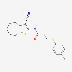 molecular formula C19H19FN2OS2 B2679085 N-(3-cyano-5,6,7,8-tetrahydro-4H-cyclohepta[b]thiophen-2-yl)-3-(4-fluorophenyl)sulfanylpropanamide CAS No. 896353-90-5