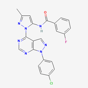 molecular formula C22H15ClFN7O B2679190 N-(1-(1-(4-chlorophenyl)-1H-pyrazolo[3,4-d]pyrimidin-4-yl)-3-methyl-1H-pyrazol-5-yl)-3-fluorobenzamide CAS No. 1006304-71-7