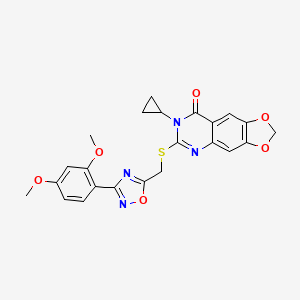 molecular formula C23H20N4O6S B2679194 7-cyclopropyl-6-(((3-(2,4-dimethoxyphenyl)-1,2,4-oxadiazol-5-yl)methyl)thio)-[1,3]dioxolo[4,5-g]quinazolin-8(7H)-one CAS No. 1112027-88-9