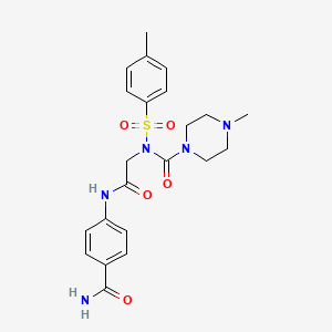 molecular formula C22H27N5O5S B2679200 N-(2-((4-carbamoylphenyl)amino)-2-oxoethyl)-4-methyl-N-tosylpiperazine-1-carboxamide CAS No. 899744-74-2