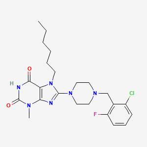 molecular formula C23H30ClFN6O2 B2679203 8-(4-(2-chloro-6-fluorobenzyl)piperazin-1-yl)-7-hexyl-3-methyl-1H-purine-2,6(3H,7H)-dione CAS No. 898437-40-6