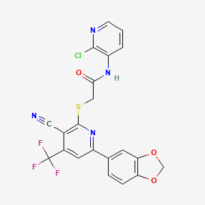 molecular formula C21H12ClF3N4O3S B2679225 2-{[6-(1,3-benzodioxol-5-yl)-3-cyano-4-(trifluoromethyl)-2-pyridinyl]sulfanyl}-N-(2-chloro-3-pyridinyl)acetamide CAS No. 625378-09-8