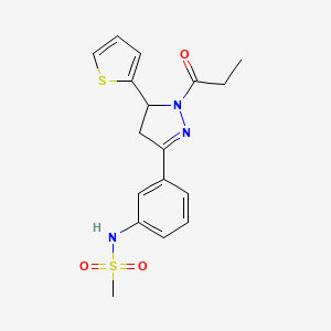 molecular formula C17H19N3O3S2 B2679337 N-[3-(2-propanoyl-3-thiophen-2-yl-3,4-dihydropyrazol-5-yl)phenyl]methanesulfonamide CAS No. 851780-59-1