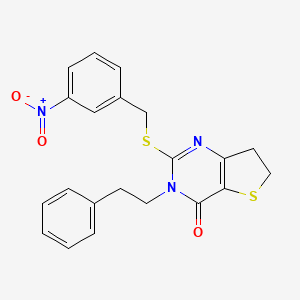 molecular formula C21H19N3O3S2 B2679361 2-((3-nitrobenzyl)thio)-3-phenethyl-6,7-dihydrothieno[3,2-d]pyrimidin-4(3H)-one CAS No. 877653-08-2