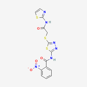 molecular formula C14H10N6O4S3 B2679364 2-硝基-N-(5-((2-氧代-2-(噻唑-2-基)氨基)乙基)硫代-1,3,4-噻二唑-2-基)苯甲酰胺 CAS No. 389072-65-5