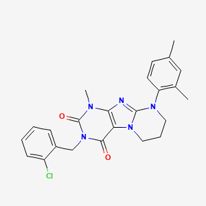 molecular formula C24H24ClN5O2 B2679408 3-(2-chlorobenzyl)-9-(2,4-dimethylphenyl)-1-methyl-6,7,8,9-tetrahydropyrimido[2,1-f]purine-2,4(1H,3H)-dione CAS No. 923399-66-0
