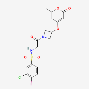 molecular formula C17H16ClFN2O6S B2679445 3-chloro-4-fluoro-N-(2-(3-((6-methyl-2-oxo-2H-pyran-4-yl)oxy)azetidin-1-yl)-2-oxoethyl)benzenesulfonamide CAS No. 1795423-19-6