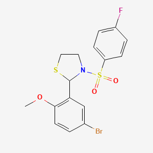 molecular formula C16H15BrFNO3S2 B2679539 2-(5-Bromo-2-methoxyphenyl)-3-((4-fluorophenyl)sulfonyl)thiazolidine CAS No. 681226-99-3