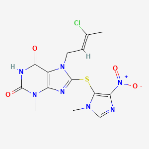 molecular formula C14H14ClN7O4S B2679566 (Z)-7-(3-氯丁-2-烯-1-基)-3-甲基-8-((1-甲基-4-硝基-1H-咪唑-5-基)硫)-1H-嘌呤-2,6(3H,7H)-二酮 CAS No. 941938-14-3