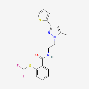molecular formula C18H17F2N3OS2 B2679605 2-((difluoromethyl)thio)-N-(2-(5-methyl-3-(thiophen-2-yl)-1H-pyrazol-1-yl)ethyl)benzamide CAS No. 2034633-32-2