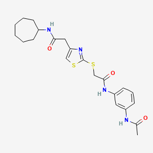 molecular formula C22H28N4O3S2 B2679644 N-(3-acetamidophenyl)-2-((4-(2-(cycloheptylamino)-2-oxoethyl)thiazol-2-yl)thio)acetamide CAS No. 954094-50-9