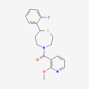 molecular formula C18H19FN2O2S B2679650 (7-(2-Fluorophenyl)-1,4-thiazepan-4-yl)(2-methoxypyridin-3-yl)methanone CAS No. 1706092-94-5