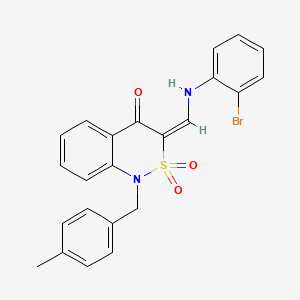 molecular formula C23H19BrN2O3S B2679693 (3E)-3-{[(2-bromophenyl)amino]methylene}-1-(4-methylbenzyl)-1H-2,1-benzothiazin-4(3H)-one 2,2-dioxide CAS No. 893312-42-0