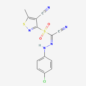 molecular formula C13H8ClN5O2S2 B2679696 (1Z)-N-(4-chloroanilino)-1-[(4-cyano-5-methyl-1,2-thiazol-3-yl)sulfonyl]methanimidoyl cyanide CAS No. 338976-83-3