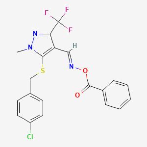 molecular formula C20H15ClF3N3O2S B2679697 N-(benzoyloxy)-N-{[5-[(4-chlorobenzyl)sulfanyl]-1-methyl-3-(trifluoromethyl)-1H-pyrazol-4-yl]methylene}amine CAS No. 321553-48-4