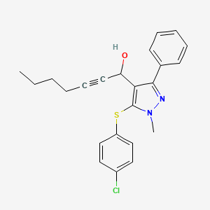 molecular formula C23H23ClN2OS B2679721 1-{5-[(4-chlorophenyl)sulfanyl]-1-methyl-3-phenyl-1H-pyrazol-4-yl}hept-2-yn-1-ol CAS No. 318949-15-4