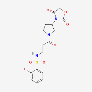 molecular formula C16H18FN3O6S B2679723 N-(3-(3-(2,4-dioxooxazolidin-3-yl)pyrrolidin-1-yl)-3-oxopropyl)-2-fluorobenzenesulfonamide CAS No. 2034291-98-8