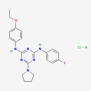 molecular formula C21H24ClFN6O B2679758 N2-(4-ethoxyphenyl)-N4-(4-fluorophenyl)-6-(pyrrolidin-1-yl)-1,3,5-triazine-2,4-diamine hydrochloride CAS No. 1179441-35-0