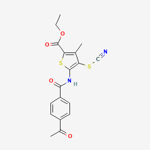 molecular formula C18H16N2O4S2 B2679781 Ethyl 5-(4-acetylbenzamido)-3-methyl-4-thiocyanatothiophene-2-carboxylate CAS No. 681159-07-9