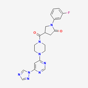 molecular formula C21H21FN8O2 B2679792 4-(4-(6-(1H-1,2,4-triazol-1-yl)pyrimidin-4-yl)piperazine-1-carbonyl)-1-(3-fluorophenyl)pyrrolidin-2-one CAS No. 1798637-63-4