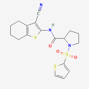 molecular formula C18H19N3O3S3 B2679877 N-(3-cyano-4,5,6,7-tetrahydrobenzo[b]thiophen-2-yl)-1-(thiophen-2-ylsulfonyl)pyrrolidine-2-carboxamide CAS No. 1098638-91-5