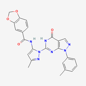 molecular formula C24H19N7O4 B2679916 N-(3-methyl-1-(4-oxo-1-(m-tolyl)-4,5-dihydro-1H-pyrazolo[3,4-d]pyrimidin-6-yl)-1H-pyrazol-5-yl)benzo[d][1,3]dioxole-5-carboxamide CAS No. 1172707-18-4