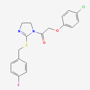 molecular formula C18H16ClFN2O2S B2680121 2-(4-chlorophenoxy)-1-(2-((4-fluorobenzyl)thio)-4,5-dihydro-1H-imidazol-1-yl)ethanone CAS No. 851800-12-9