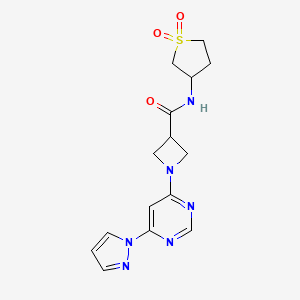 molecular formula C15H18N6O3S B2680189 1-(6-(1H-吡唑-1-基)嘧啶-4-基)-N-(1,1-二氧代四氢噻吩-3-基)氮杂环丁烷-3-甲酰胺 CAS No. 2034481-22-4